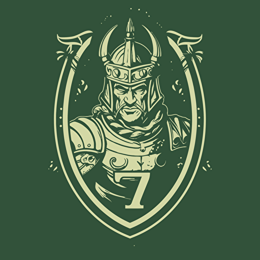 rugby team logo with green as primary color, illustration vector art, saracen warrior with scimitars in shape of the number 7