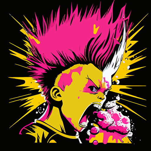 pink,yellow,vector,fantasy,face,young boy,punk mohawk,eating a nuclear blast