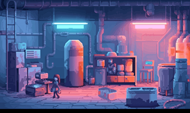 2d pixel art room with abandoned laboratory equipment, tanks, pipes, monitors, bright foggy pixel art vibe, separate 2d components placed around room, flat vector style,