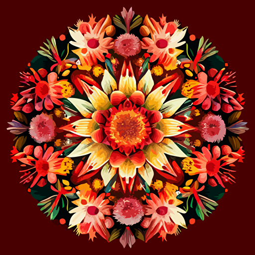 A kaleidoscope on red with australian native flowers, watercolor, vector, elaborate, ultra