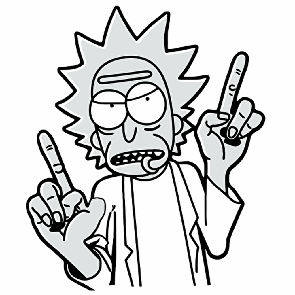 rick sanchez from rick and morty showing middle finger with six arms, vectorized black and white.