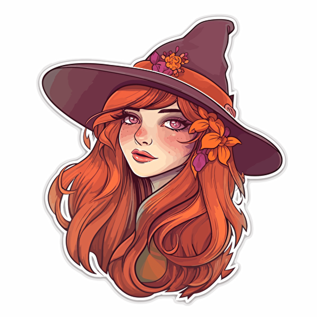 witchy, Sticker, Cute, Warm Colors, Photorealism, Contour, Vector, White Background, Detailed