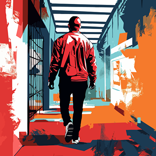 a vector image of a man peacefully leaving prison, graffiti style