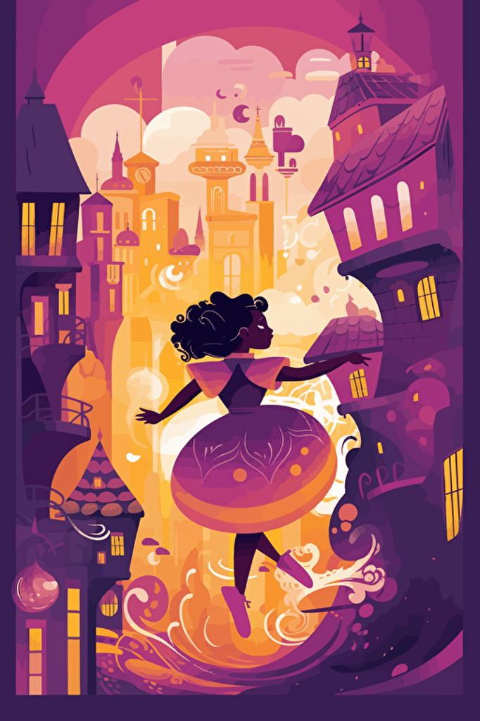 illustrated flat vector art, black girl in Alice in wonderland dress runs with potion bottle through magical city, purple and yellow, fairytale, folk art style,