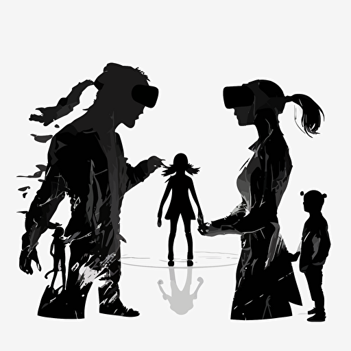 a silhouette of a family wearing VR headsets facing off in a battle arena, flat, vectorized, white background