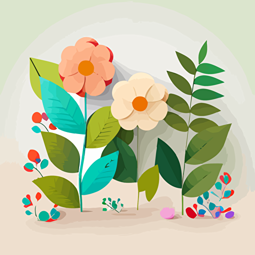 flat vector of 3 spring flowers and some leaves. Bright vibrant neon colours. Cream background. Flat. No shadow. Lots of white space.