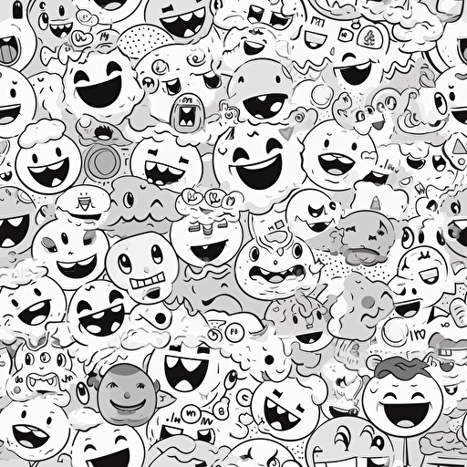 a seamless repeating pattern of stickers with laughing emojis, cartoon style, white background, black and white, vector art,