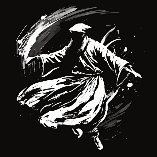 a dancing sufi done in brush stroke illustration in japanese style or art, black and white, minimal art, vector logo