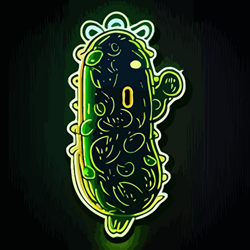 Pickle, sticker, triumohant, neon, anime, contour, vector, black background, detailed
