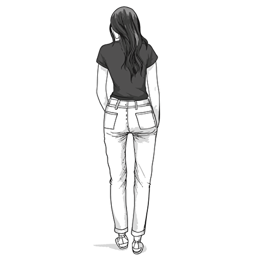 Black and white. back view of a young Girl wearing trousers standing and looking. Simple Vector Art. White background