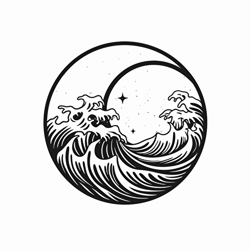 a minimalistic vector of a sun and a wave, in black and white with white background, feminine design