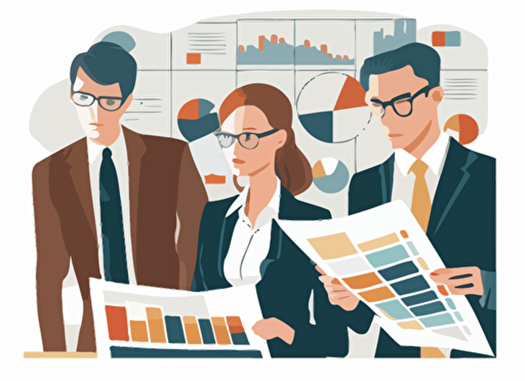 flat illustration of a business team analysing diagrams, white background, vectorized