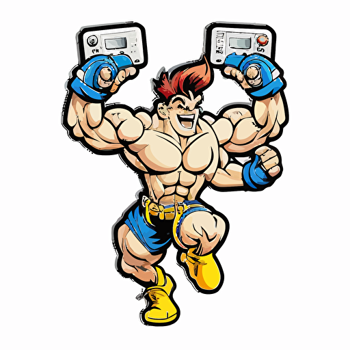 a muscular video gamer, Sticker, Happy, Adorable, Primary Color, Cartoon, Contour, Vector, White Background, Detailed,