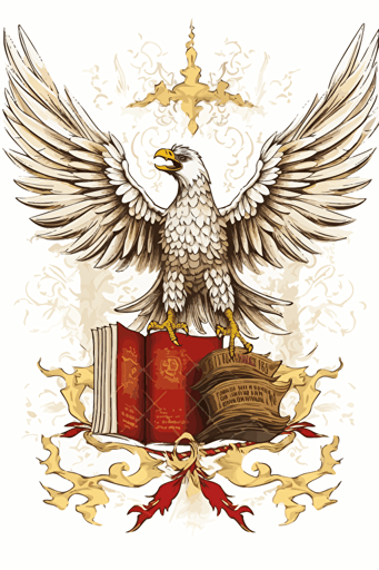 In this remarkable vector image, the majestic Polish White Eagle, adorned with a golden crown on its head and golden talons, is depicted soaring triumphantly as it descends to grasp a large ancient book with its powerful talons. The artwork captures a moment of victory and wisdom, symbolizing the rich history and cultural heritage of Poland. White background, red and golden accents, detailed, modern