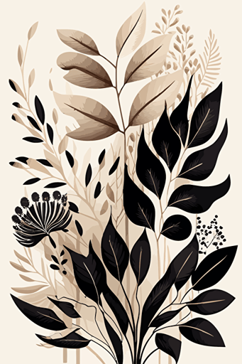 neutral black and beige abstract botanical illustration, vector