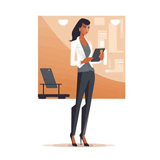 A vector image of a female executive with an ipad in one hand. Standing. Nice outfit. In a bar.