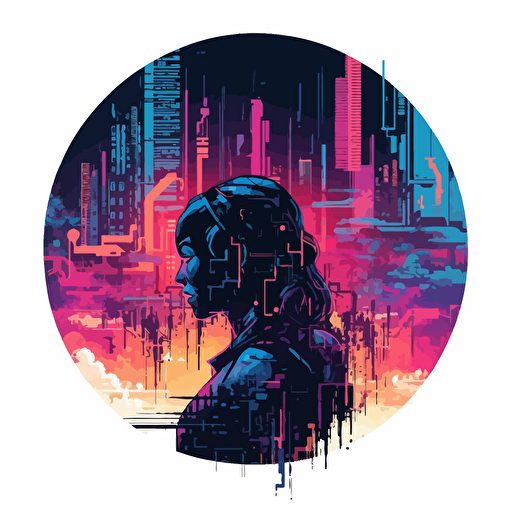 vector illustration of cool Cyberpunk city, simple colors and art, logo