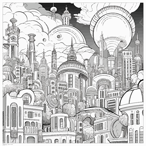 Futuristic City. Cartoon. Coloring page. Vector. Simple.