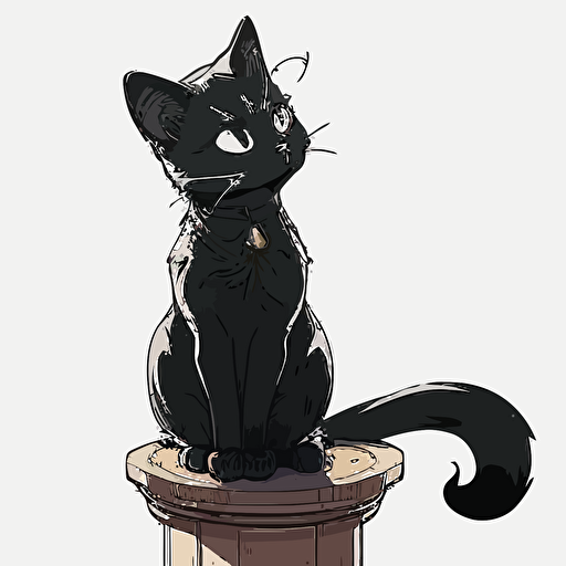 manga style, hand drawn cartoon, black, cute female cat sitting on a pedestal, white background, vector, High definition