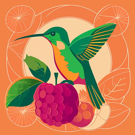 Pop Art Deco Hummingbird and fruits, Vector, Logo, green, pink, orange