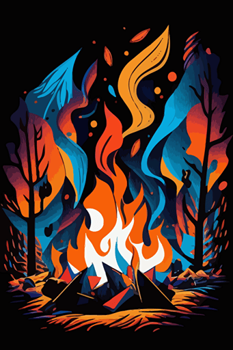 abstract campfire, orange and blue colors, pop art deco illustration, hand vector art, black background,