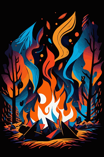 abstract campfire, orange and blue colors, pop art deco illustration, hand vector art, black background,