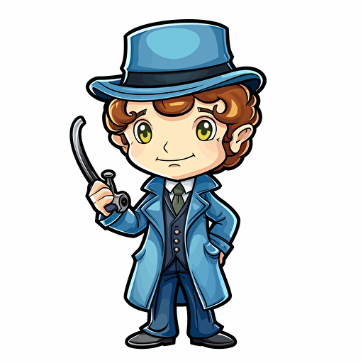 Sticker, Happy Colorful Sherlock Holmes, long auburn, blue eyes, kawaii, contour, vector, white background