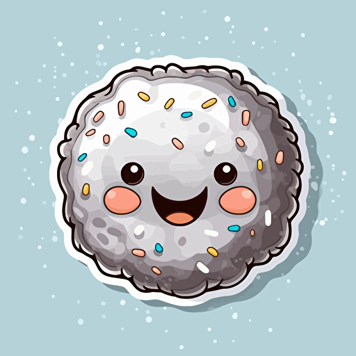 sticker, donut with sprinkles, cute face. kawaii, contour, vector, white border, gray background