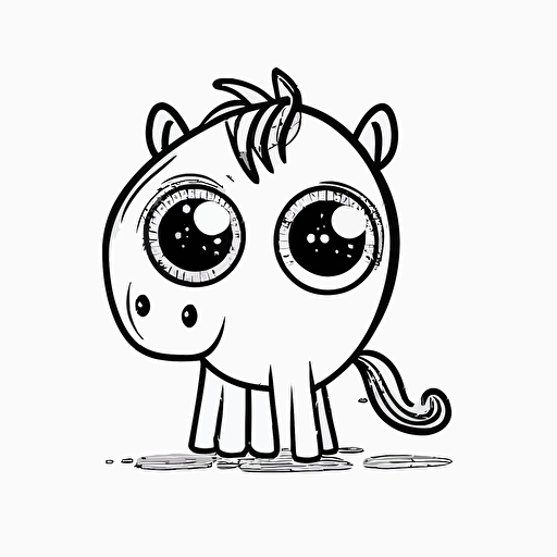 cute horse in farm, big cute eyes, pixar style, simple outline and shapes, coloring page black and white comic book flat vector, white background