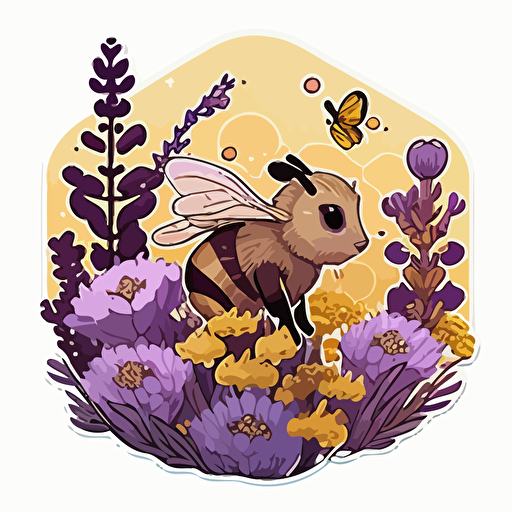 vector sticker design, transparent background, kawaii style yellow and brown honey bee collecting nectar from a field of purple wildflowers