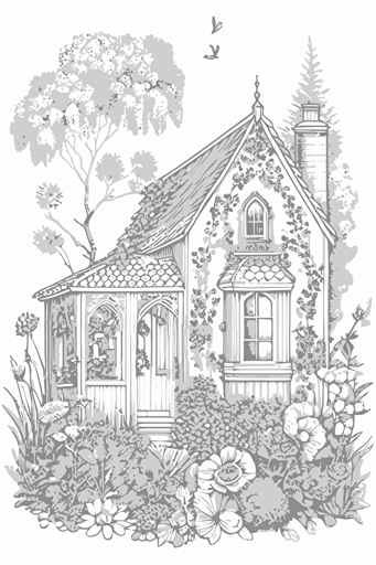 flat vector pdf image, coloring page, a house built of flowers ::1 color, shadow, captions boxes, text ::-0.6