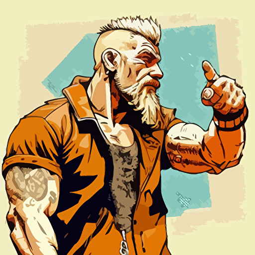 raving techno viking jacked with blonde hair and beard pointing with his finger wearing cargo pants, gta style drawing, vector art, hd, details