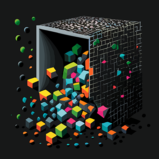 black background, vector art minimal, cudes that makes up a funnel, gray and black colors on the exterior print layer , delicacy, with smaler cube being released from the bottom of the fullen, interlayer of 1/2 size small muilti-colored cubes inside falling out of the cube, with different shades, black background, only cudes