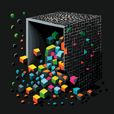 black background, vector art minimal, cudes that makes up a funnel, gray and black colors on the exterior print layer , delicacy, with smaler cube being released from the bottom of the fullen, interlayer of 1/2 size small muilti-colored cubes inside falling out of the cube, with different shades, black background, only cudes