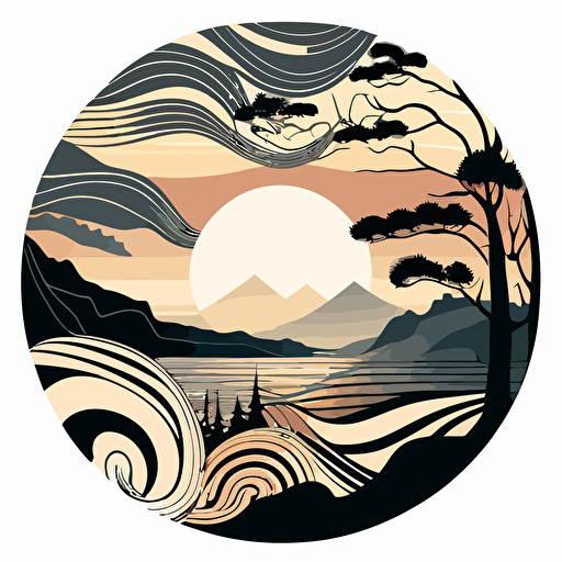 vector image monotone summer sunset on a beach with mountains on the horizon, nature and trees, abstract twirl, circled
