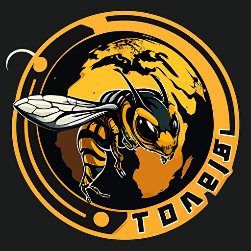 a wasp curled around planet earth logo, with a cat face, vector art, two tone
