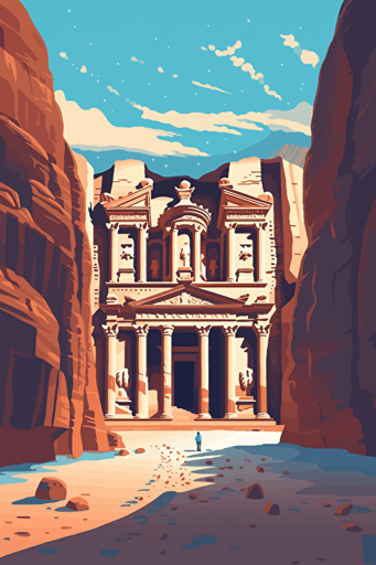 front view of Jordan in petra, blue sky, vector design, minimalist, flat
