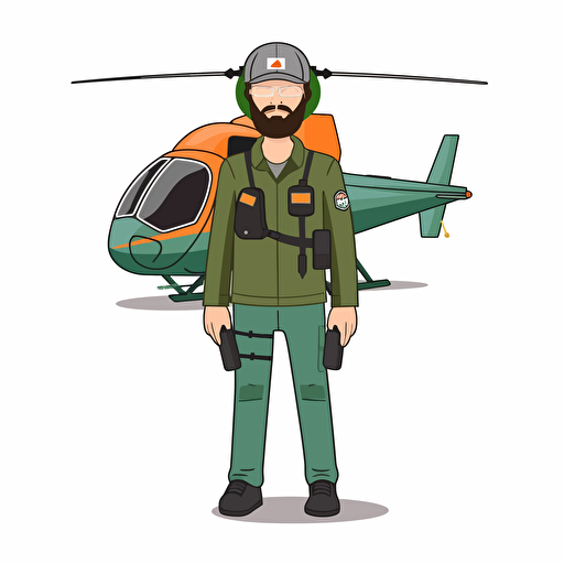 with sunglases. man with beard in a helicopter uniform and wearing a helmet standing in front of a green helicopter. vector. white background. no background