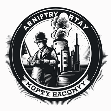 a factory anniversary theme logo, 2D, black and white, including 2 factory workers, some tools, vector tracing