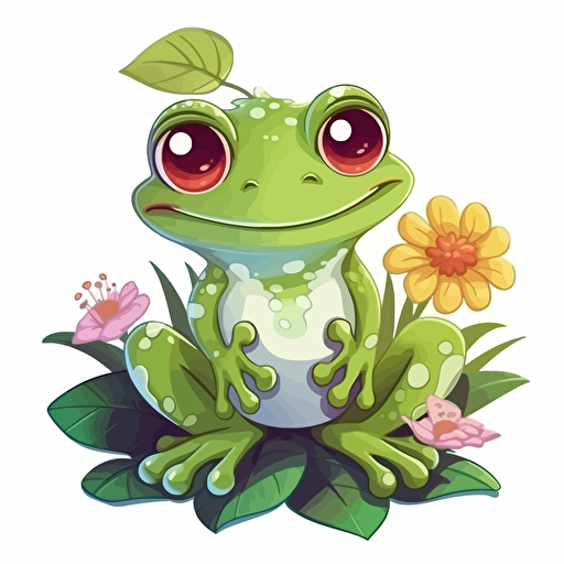 cute frog sitting on leaf, flowers, detailed, cartoon style, 2d clipart vector, creative and imaginative, hd, white background
