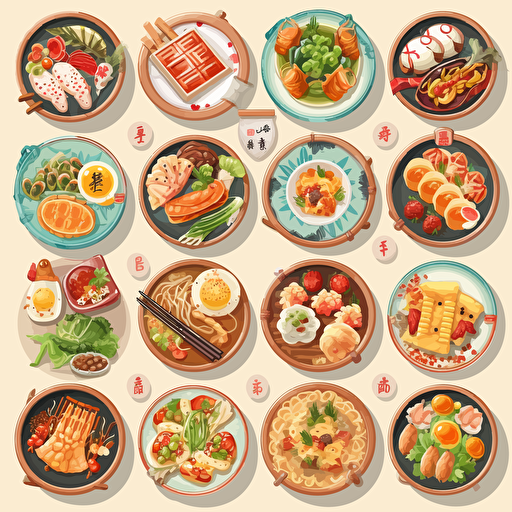 chinese delicious foods 2.5D birdview element designs set, colorful, modern, 2d, stock vector, svg, ai, light color, high quality