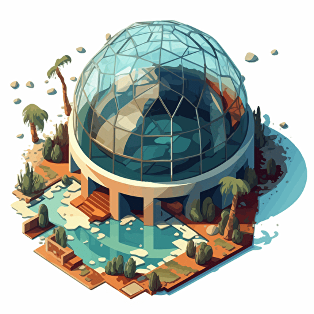isometric cartoon vector image of a smashed aquarium dome building with transparent background