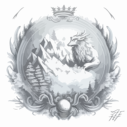 fantasy crest of a large wintry kingdom surrounded by mountains, pencil art, logo, vector, white background