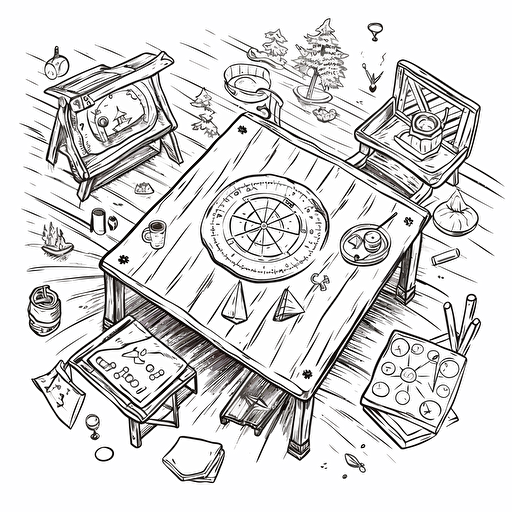 cabin, "table top game elements":2, logo:3, black white drawing, vector