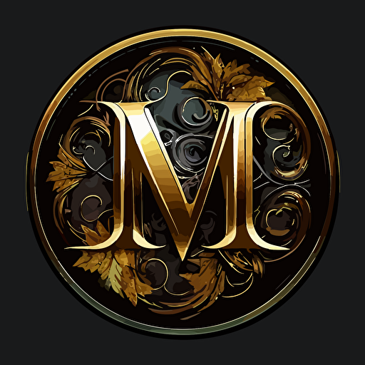 round logo for sticker with dark gothic letter M, vector, HD, super resolution, gold letter
