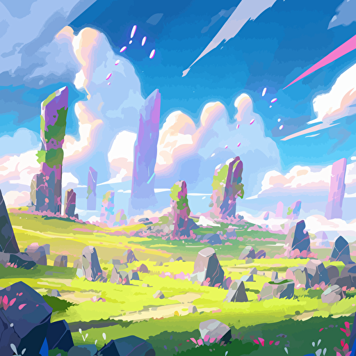 sylvan landscape, natural spires of dull stone rising from high meadows, the spires are studded with gigantic colorful faceted gems, blue sky, green grass, white cirrus clouds, rainbow crystals, rich deep intense saturated colors, vector, style of erin hanson, homestuck