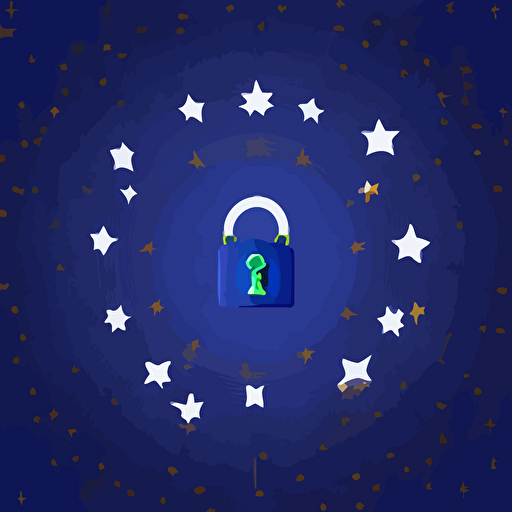 white silhouette of a padlock with a checkmark in the center, on a two-tone royal blue background, with twelve gold stars in a concentric circle around it, vector, digital illustration