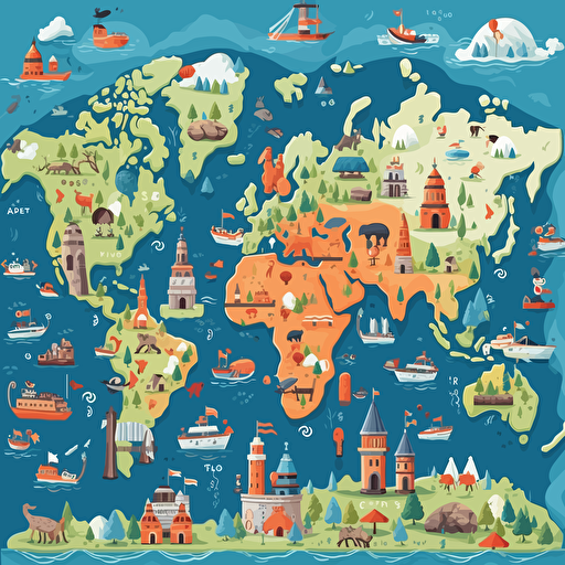 a world map in children's illustration style, colourful, vector style