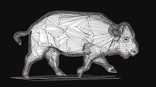 VISUAL STYLE: Line Drawing, Extremely simplistic, GENRE: Company Logo, SUBJECT(S): Bison, Mesh Nodes, TIME PERIOD: Contemporary, COLOR: Black and White, ASPECT RATIO: 16:9, FORMAT: Vector Art, FRAME SIZE: 1080p, LENS SIZE: N/A, COMPOSITION: Bison in a leaping pose, with triangular mesh nodes covering its legs, centered on the frame, LIGHTING: N/A, LIGHTING TYPE: N/A, TIME OF DAY: N/A, ENVIRONMENT: N/A, LOCATION TYPE: N/A, SET: N/A, CAMERA: N/A, LENS: N/A, FILM STOCK / RESOLUTION: N/A, TAGS: Bison, Mesh Nodes, Leaping, Vector Art