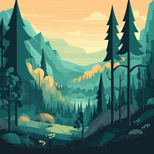 a flat illustration of a forest, Adobe illustrator, vector, poster, desktop background